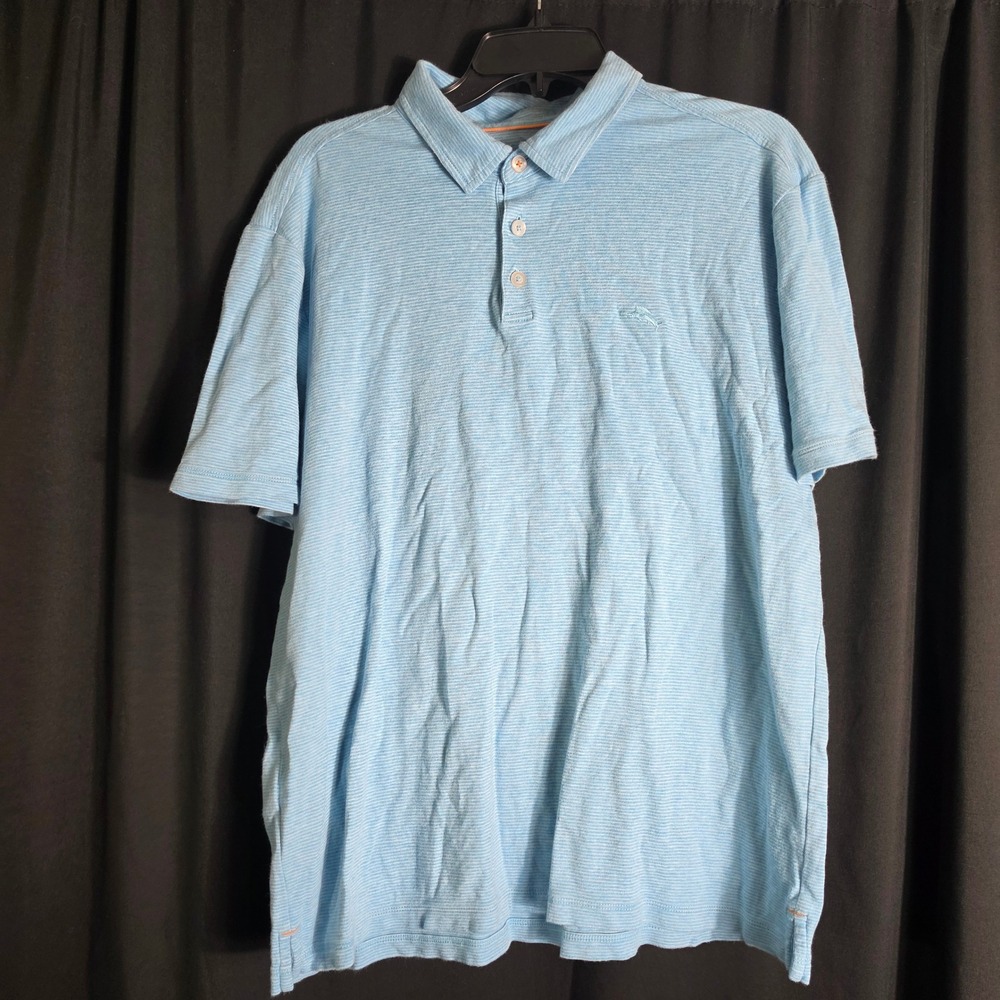 Tommy Bahama Mens Blue‎ Striped Cotton Short Sleeve Polo Shirt Large Logo